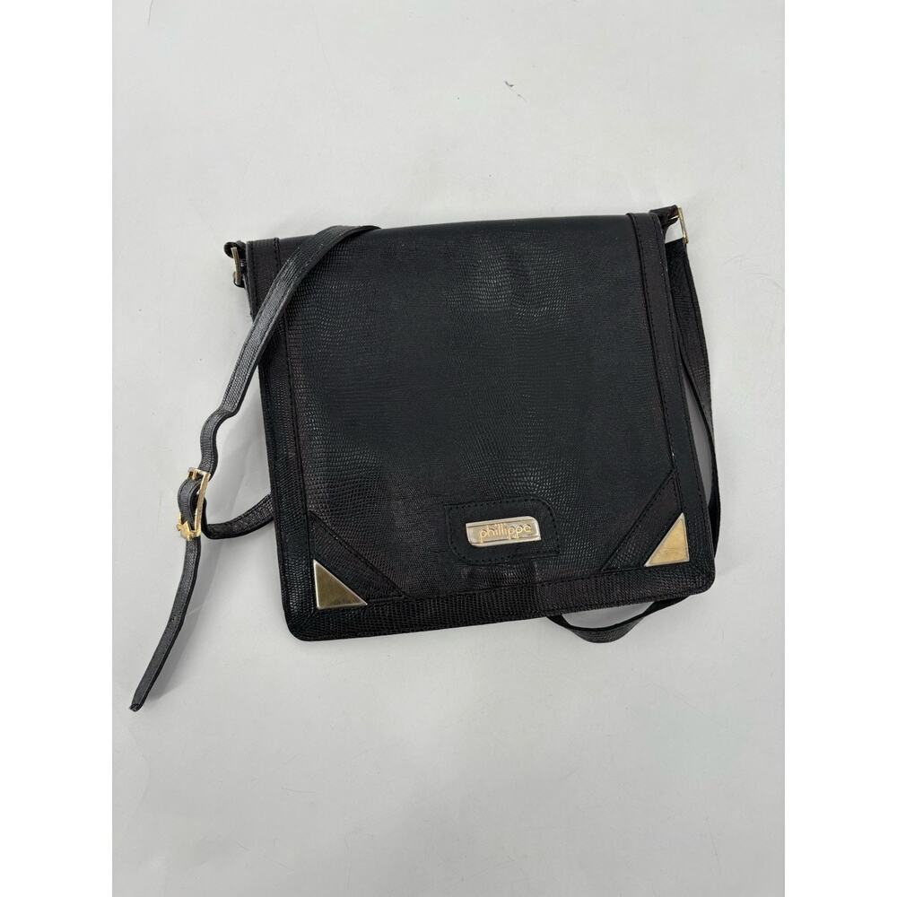 Vintage Phillippe Crossbody Bag Womens Black Gold Leather Reptile Zip Pockets